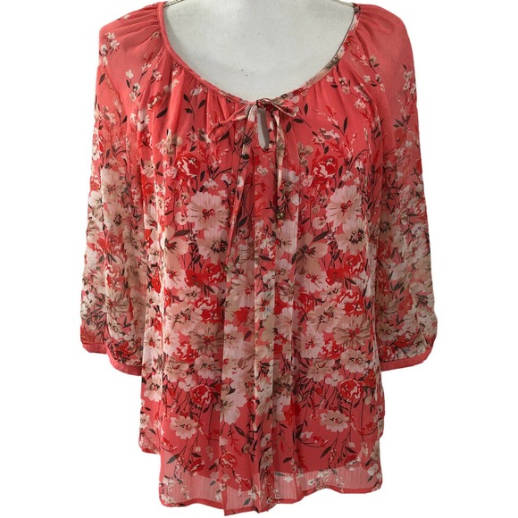 Sara Michelle Tops - Sara Michelle Woman’s Petite Large Peasant Blouse Top Pink Floral 3/4 Sleeve